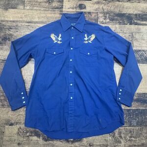 Mens Long Sleeve Pearl Snap Western Shirt Blue Eagle Embroidery Size L Rock